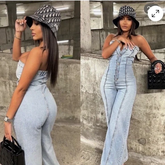 NWT Zara TRF Strapless Off Shoulder Denim Jumpsuit Size XS - Picture 3 of 16